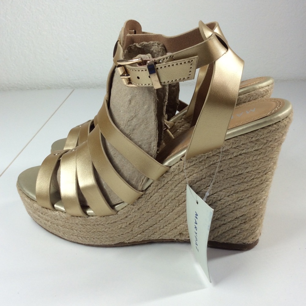 MARYPAZ Gold Leather Strap Espadrille Wedges Made in Spain